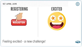 Step 3 - Example card - Event: registering; Emotion: excited. Feeling excited - a new challenge!